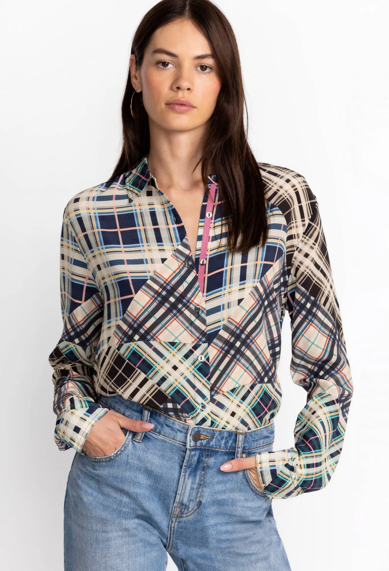 Sale Idora Patchwork Button Down Shirt Women Tops