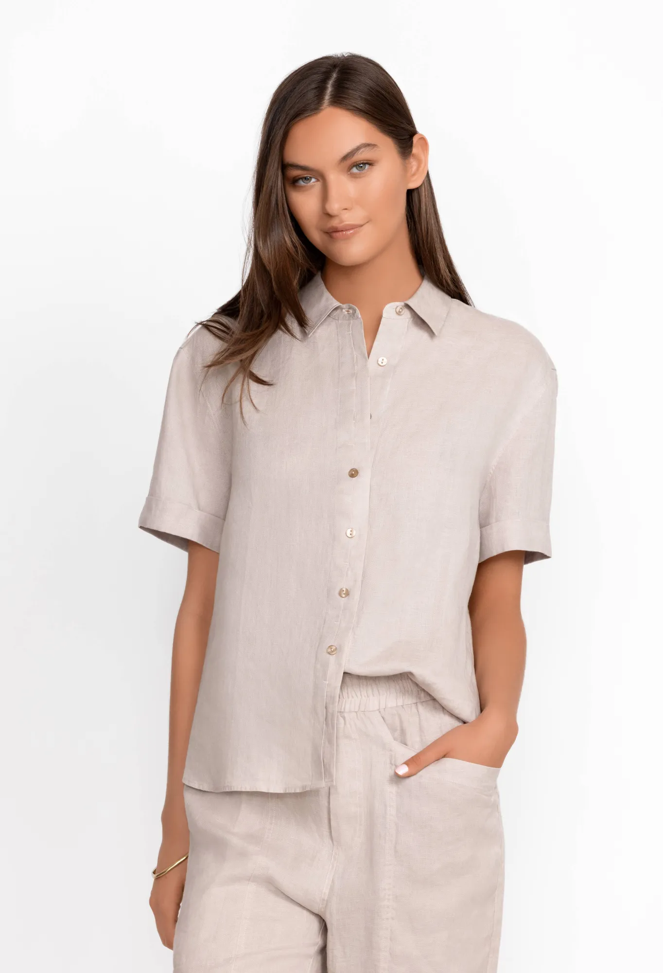 Cheap Linen Cuff Sleeve Camp Shirt Women Tops